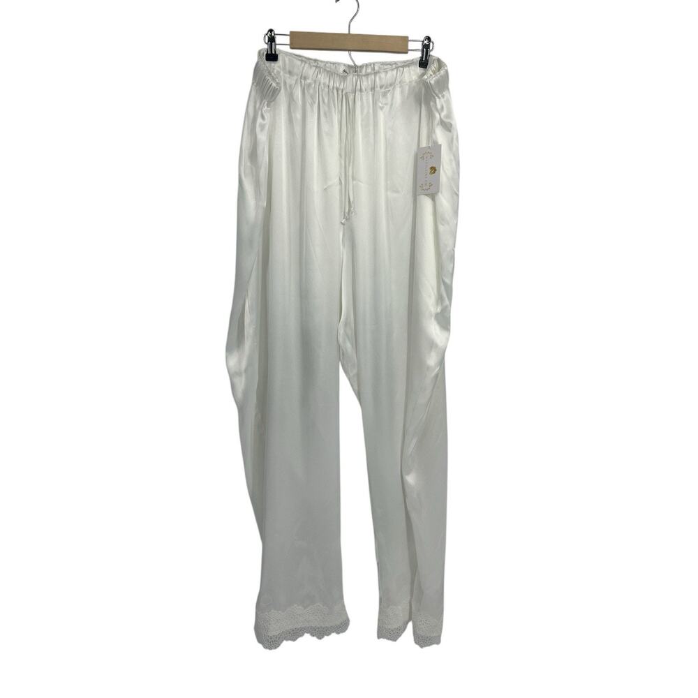 Madeleine Fig White Wide Leg Satin Lace Cuff Lounge Pajama Pants 4X NWT